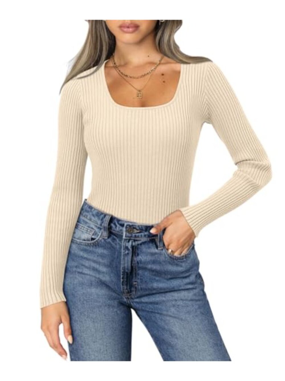 Square Neck Long Sleeve Ribbed Knit Tunic Tee Top Slim Fit Casual